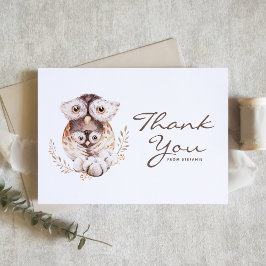 Tarjeta De Agradecimiento Boho Watercolor Mommy and Baby Owl Woodland