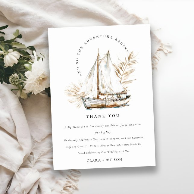 Tarjeta De Agradecimiento Boho Watercolor Palm Sailboat Seascape Boda (Subido por el creador)