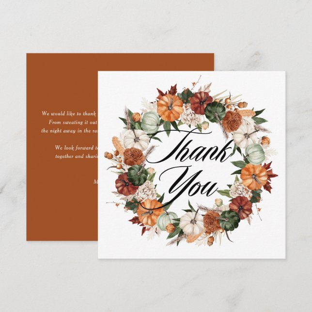 Tarjeta De Agradecimiento Boho Watercolor Pumpkins Wreath Otumn Boda (Anverso / Reverso)