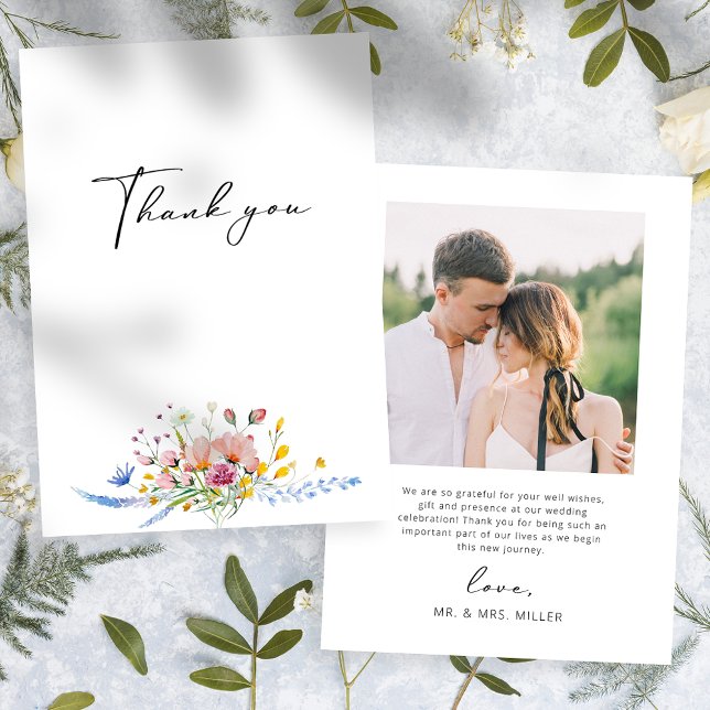 Tarjeta De Agradecimiento Boho Watercolor Wildflower Calligraphy Wedding (Subido por el creador)