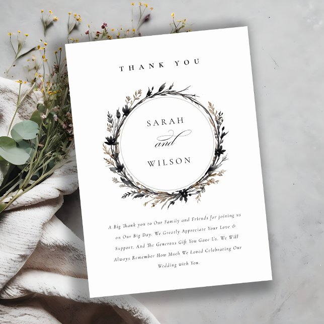 Tarjeta De Agradecimiento Boho Wildflower Black Brown Fall Wreath Boda (Subido por el creador)