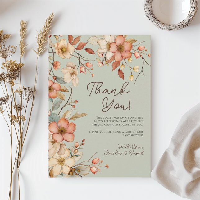 Tarjeta De Agradecimiento Boho Wildflower Floral Sage Green Baby Shower (Subido por el creador)