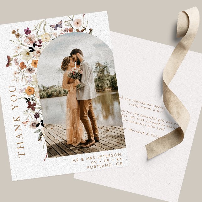 Tarjeta De Agradecimiento Boho Wildflowers Arch Photo Fall Wedding (Subido por el creador)