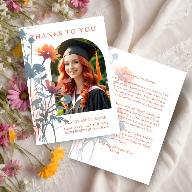 Tarjeta De Agradecimiento Boho Wildflowers Bunch Photo Modern Arch Graduate (Boho Wildflowers Bunch Photo Modern Arch Frame Graduate Thank You Card.)