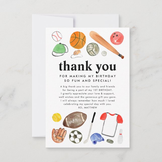 Tarjeta De Agradecimiento Bolas Deportivas Lindas Gracias Cumpleaños Niño (Anverso)