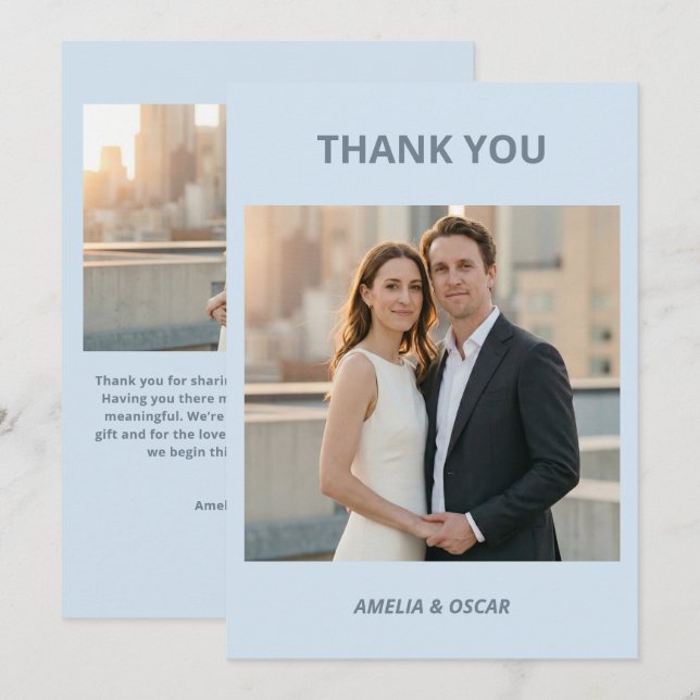 Tarjeta De Agradecimiento Bold Cool Blue Photo Modern Wedding Custom (Anverso / Reverso)