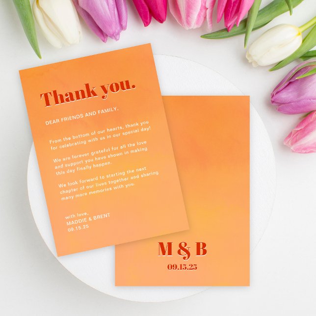 Tarjeta De Agradecimiento Bold Fun Modern Orange Sunset Monogram Wedding (Subido por el creador)