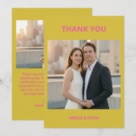 Tarjeta De Agradecimiento Bold Pink Yellow Photo Wedding Modern Colorful