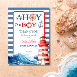 Tarjeta De Agradecimiento Bold Striped Blue Red Nautical Ahoy Boy Lighthouse