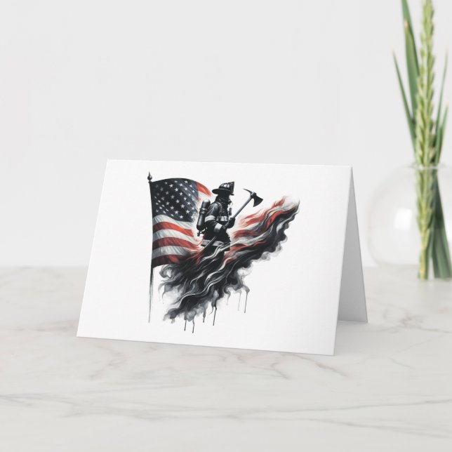 Tarjeta De Agradecimiento Bombero americano. Bandera de los Estados Unidos. (Anverso)