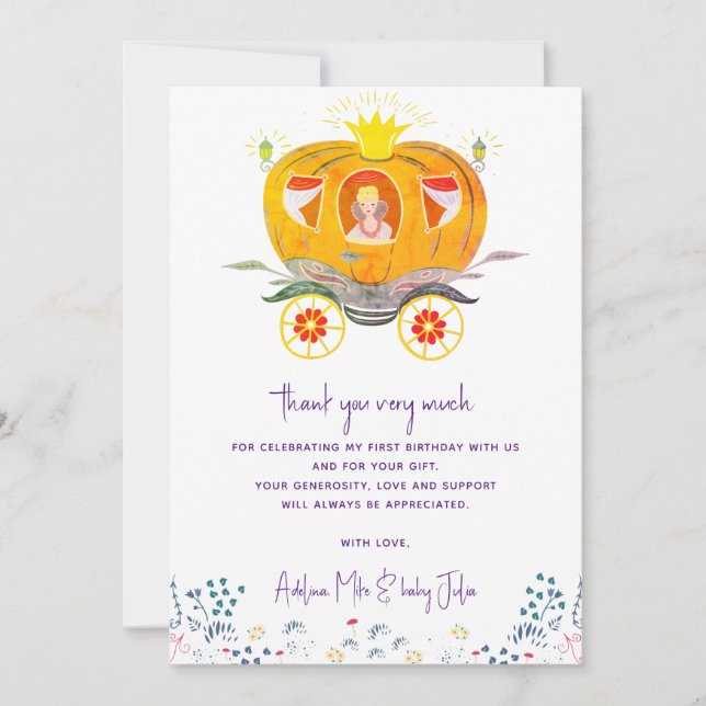Tarjeta De Agradecimiento Bompkin Princess Carriage Flores salvajes Cumpleañ (Anverso)
