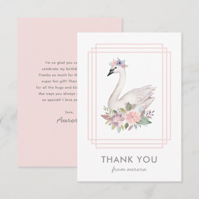Tarjeta De Agradecimiento Bonito acuarela Floral Swan Princess Cumpleaños (Anverso / Reverso)