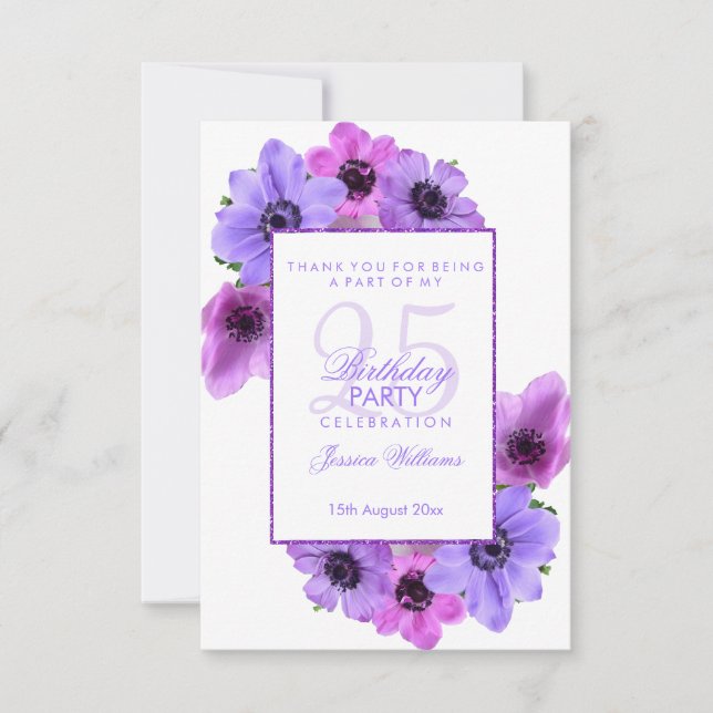 Tarjeta De Agradecimiento Bonito Anemones Floral 25 cumpleaños (Anverso)