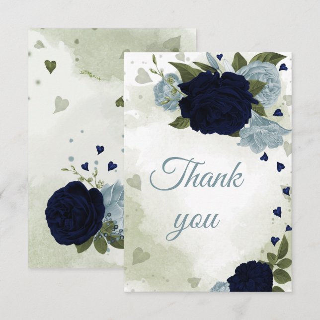 Tarjeta De Agradecimiento bonito azul marino y flores azul polvoriento (Anverso / Reverso)
