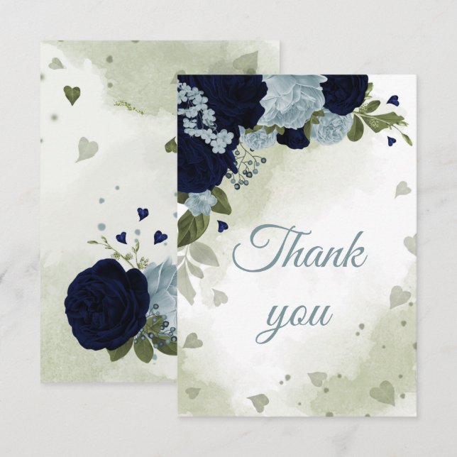 Tarjeta De Agradecimiento bonito azul marino y flores azul polvoriento (Anverso / Reverso)