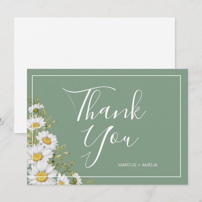 Tarjeta De Agradecimiento Bonito Basil Green & White Daisises Gracias Flat (Anverso / Reverso)