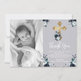Tarjeta De Agradecimiento Bonito bautismo floral azul de la Marina Gracias C