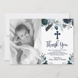 Tarjeta De Agradecimiento Bonito bautismo floral azul de la Marina Gracias C
