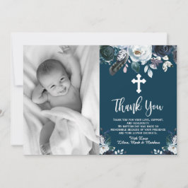 Tarjeta De Agradecimiento Bonito bautismo floral azul de la Marina Gracias C