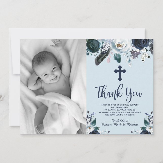 Tarjeta De Agradecimiento Bonito bautismo floral azul de la Marina Gracias C (Anverso)