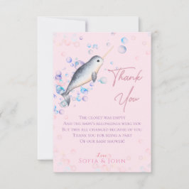 Tarjeta De Agradecimiento Bonito bebé oceánico Narwhal y burbujas