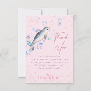 Tarjeta De Agradecimiento Bonito bebé oceánico Narwhal y burbujas