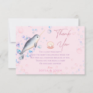 Tarjeta De Agradecimiento Bonito bebé oceánico Narwhal y burbujas Gracias au