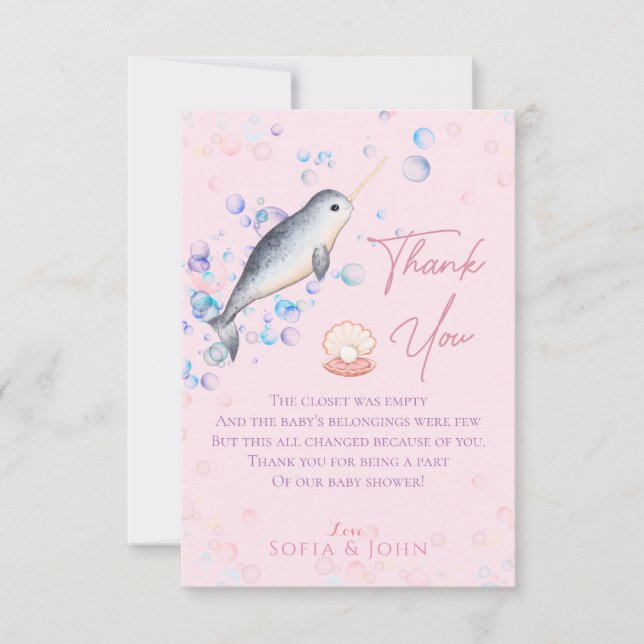 Tarjeta De Agradecimiento Bonito bebé oceánico Narwhal y burbujas Gracias au (Anverso)