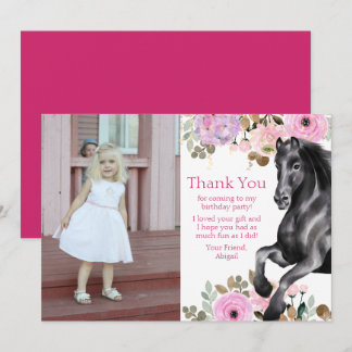 Tarjeta De Agradecimiento Bonito Caballo Negro y Flores Rosa Foto Cumpleaños