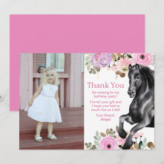Tarjeta De Agradecimiento Bonito Caballo Negro y Flores Rosa Foto Cumpleaños
