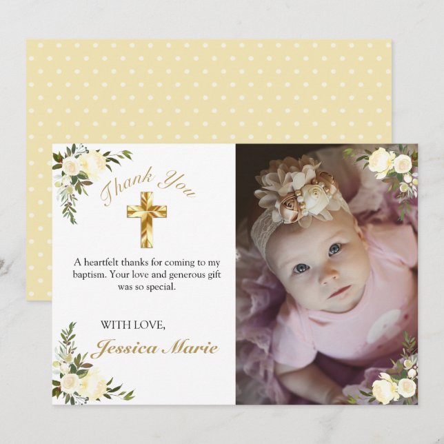 Tarjeta De Agradecimiento Bonito Floral Gold Cross Baptism Foto Gracias (Anverso / Reverso)