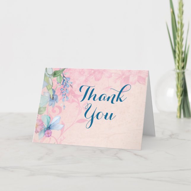 Tarjeta De Agradecimiento Bonito Floral rosa y azul gracias (Anverso)
