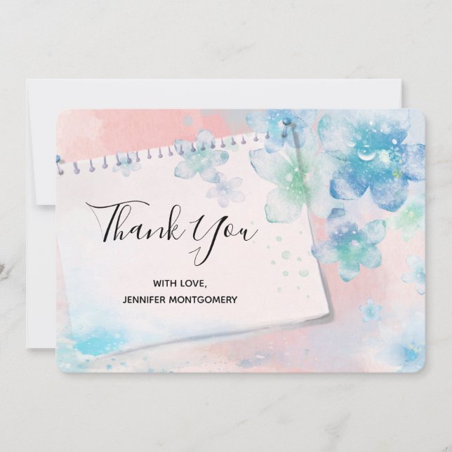 Tarjeta De Agradecimiento Bonito Flores azules en fondo rosado Gracias (Anverso)