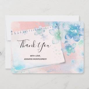 Tarjeta De Agradecimiento Bonito Flores azules en fondo rosado Gracias