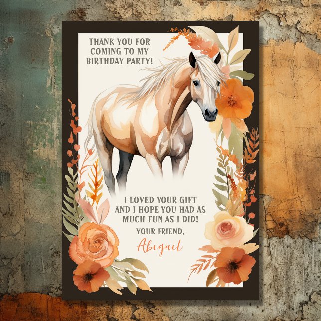 Tarjeta De Agradecimiento Bonito Hípica y Flores de Melocotón Cumpleaños (Front - Pretty Horse and Peach Flowers Watercolor Birthday Thank You Card)