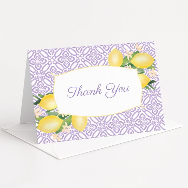 Tarjeta De Agradecimiento Bonito Lemons Lilac Purple Baby Shower Photo (Lemons with lavender folding thank you card)