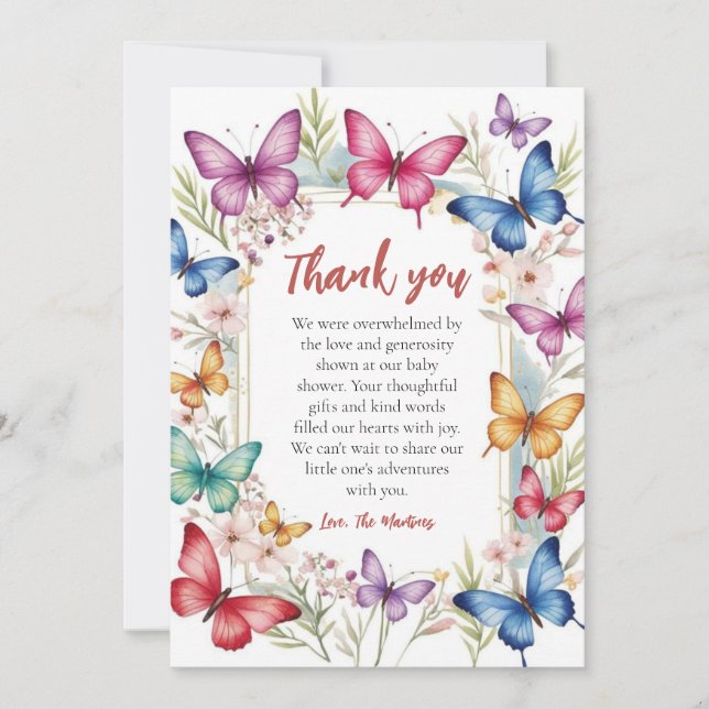 Tarjeta De Agradecimiento Bonito linda mariposa bebé ducha gracias a las tar (Anverso)