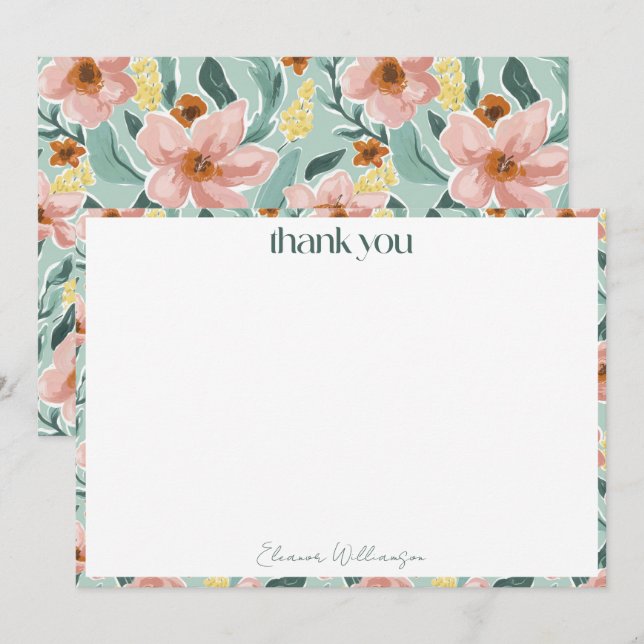 Tarjeta De Agradecimiento Bonito Mint Sage Personalizado floral rosa ducha d (Anverso / Reverso)