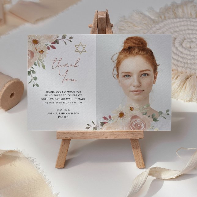 Tarjeta De Agradecimiento Bonito Neutral acuarela Floral Bat Mitzvah Foto (Subido por el creador)
