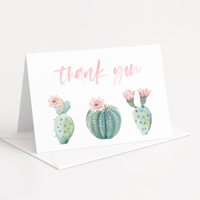 Tarjeta De Agradecimiento Bonito Pastel Cactus Rosa Baby Shower plegable (Watercolor pink cactus thank you cards)