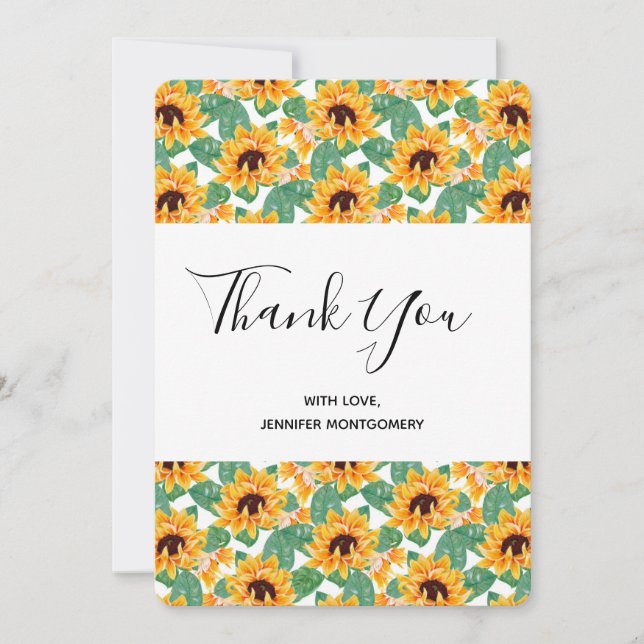 Tarjeta De Agradecimiento Bonito Patrón de girasol Amarillo y Verde Gracias (Anverso)