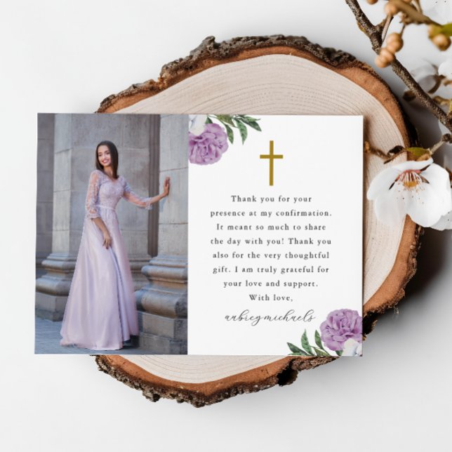 Tarjeta De Agradecimiento Bonito Purple Floral Foto De Confirmación Gracias (Subido por el creador)