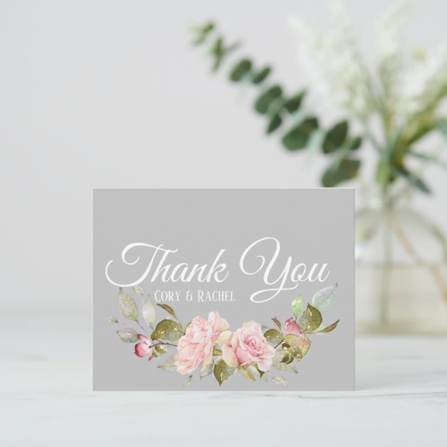 Tarjeta De Agradecimiento Bonito Rosa Bouquet en gris gracias (Anverso de pie)