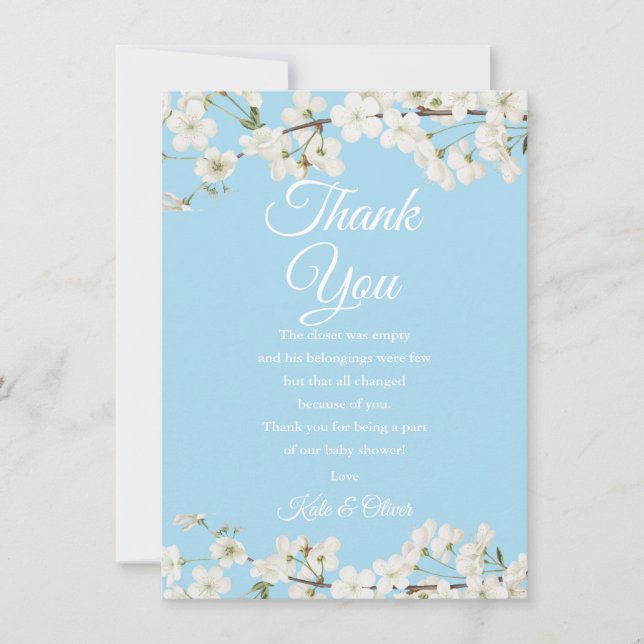 Tarjeta De Agradecimiento Bonito White Blossom Baby Shower Gracias Poema (Anverso)