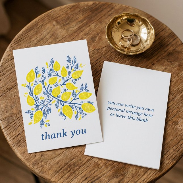 Tarjeta De Agradecimiento Bonito y delicados limoneros azules y amarillos (Pretty and delicate blue and yellow lemon vines thank you card)