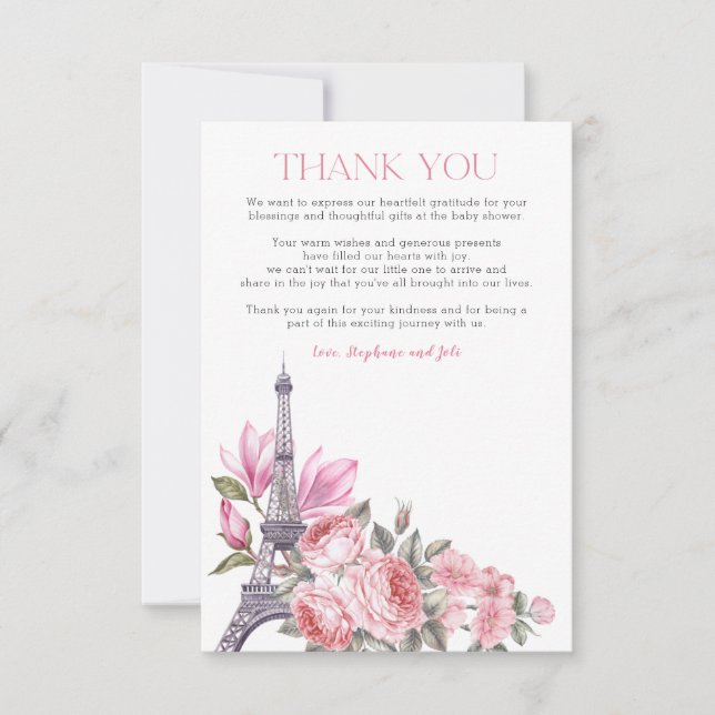 Tarjeta De Agradecimiento Bonjour Bebe | Floral French Baby Shower (Anverso)