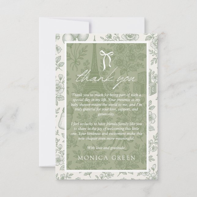 Tarjeta De Agradecimiento Bonjour Bebe Sage Green Toile Baby Shower francés (Anverso)