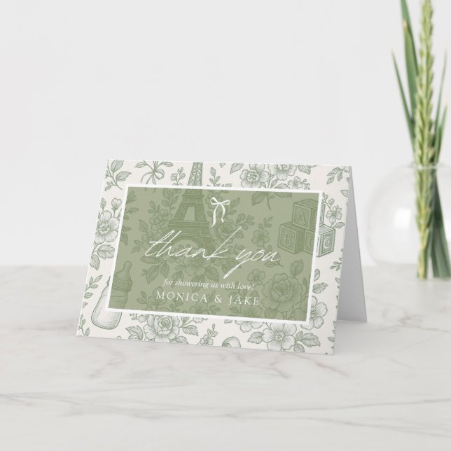 Tarjeta De Agradecimiento Bonjour Bebe Sage Green Toile French Baby Shower (Anverso)