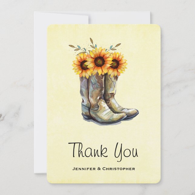 Tarjeta De Agradecimiento Boots rústicos de vaqueros con girasoles gracias (Anverso)