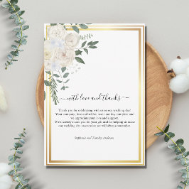 Tarjeta De Agradecimiento Bordado en Oro Rosas Blancas Vegetación Boda